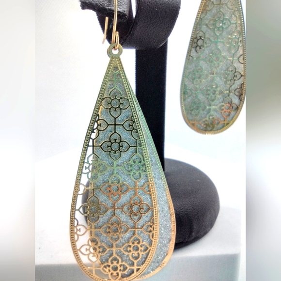 Fashion Long Silver Glitter with Gold Toned Flower Metal Top Teardrop Earrings - Picture 3 of 4